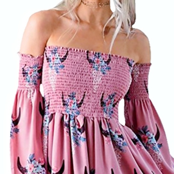 🌵🐂 boho smocked dress - floral cattle skull - Picture 4 of 5